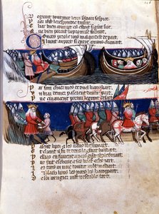 Representasjon av Karl den Store (742-814) under hans erobringer: han seiler opp på et skip og veileder ned sine hærer. Miniatyr fra det fransk-italienske manuskriptet “” Entreée d