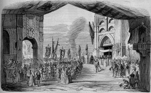Representasjon av Don Carlo (Don Carlos) Opera i 5 akter av Giuseppe Verdi ved Paris Opera 11. mars 1867. The car da fe, 3. akt, dekor av Cambon og Thierry. Gravering fra 1867. av Unknown artist