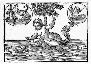Representasjon av Ino, havets gud, og hans sønn Palemon. Gravering fra "Mythology and Fables" av grev Natalia 1637 av Unknown artist