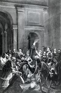Representasjon av en eksorcismescene. 1800-talls illustrasjon. av Unknown artist