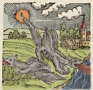 Representasjon av basilikker i flukt brennende hveteåkre. Gravering fra «Prodigiorum ac ostentorum chronicon» av Conrad Lycosthenes (1518-1561). 1557. av Unknown artist