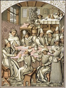Representasjon av embetsmenn på 1300-tallet. kromolitografi fra regnskapsboken til brorskapet "Dio e Nostra Signora"" av Unknown artist