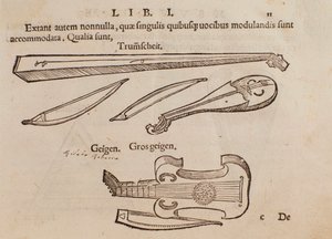 Representasjon av strengeinstrumenter og bueskytter. Side hentet fra Musurgia praktiske musikkhåndbok av Unknown artist