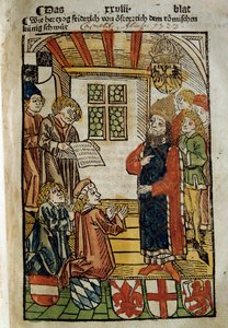 Representasjon av konsilet i Konstanz (1414-1418), sammenkalt av keiser Sigismund I og motpave Johannes XXIII. Han satte en stopper for Vestens store skisma. Miniatyr av 1414. Paris. polsk bibliotek av Unknown artist