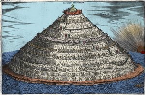 Representasjon av skjærsilden etter den guddommelige komedie av Dante Alighieri (1265-1321): det jordiske paradiset er på toppen. Anonym gravering fra 1600-tallet av Unknown artist
