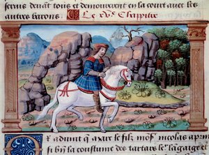 Representasjon av den venetianske navigatøren Marco Polo (1254-1324) på hesteryggen" Miniatyr hentet fra "" The Book of Wonders"" ("" Devisement of the World", "" Il Milione") av Marco Polo (1254-1324) ). 1298. Paris, Arsenals bibliotek av Unknown artist