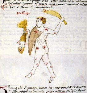Representasjon av stjernebildet Bouvier (Botes) Jegeren Botes holder håret til Berenices i hånden. Miniatyr fra "Astronomica" av Biasino da Parma (Blaise de Parma) (1425-1457) av Unknown artist