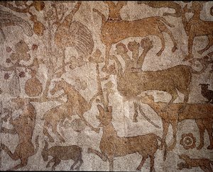 Representasjon av den imaginære indiske faunaen som symboliserer bedriftene til Alexander den store (356–323 f.Kr.), kongen av makedonsk under erobringen av India Pavement of Pantaleone (eller Pantaleon) av Unknown artist