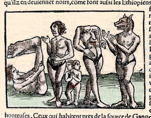 Representasjon av monstrene beskrevet av Amerigo Vespucci (1451-1512): fra venstre til høyre: en manopod, en kyklop, en mann med to hoder, en mann uten hode og en mann med hundehode eller cynocephalus. Xilografi hentet fra Sebastien Munsters "Universal av Unknown artist