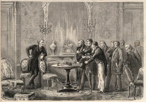 Representasjon av stykket "" Mercadet"" (Le Faiseur) av Honore de Balzac (1799-1850) på Comedie Francaise. Akt III, Scene VI. Gravering i ""The Illustrious Universe"" av Unknown artist