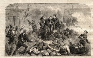Revolution 1848: “” The Archeveque Monsignor Denis Affre (1793-1848) on the Barricade Faubourg Saint Antoine in Paris 26/06/1848 (Do o mon dieu que mon sang soit le dernier verse) (Death Denis Affre Archbishop of Paris of the barricade at the entrance to t av Unknown artist