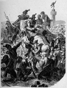 Revolusjon 1848: "" Erkebiskopen Denis Affre (1793-1848) sår og bærer på en båre i 1848." av Unknown artist
