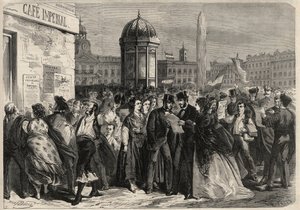 Revolusjon i september 1868 i Spania (Gloriosa): lesing av manifestet til juntaen, i gaten til Alcala i Madrid. Gravering i "" L