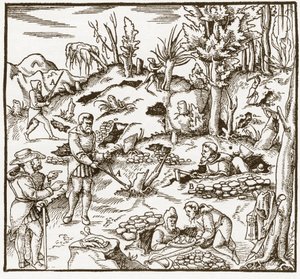 Rabdomancy - rhabdomancie - Utforskning av et gruvefelt ved hjelp av spådomsstaven - Menn kutter og bruker spådomsstaver for å lokalisere mineraler - Fra "" De re metallica"" av Georgius Agricola (Georg Bauer), Basel av Unknown artist