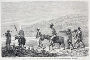 Richard Francis Burton, britisk oppdagelsesreisende (1821-1890), og hans følgesvenner i Afrika. Tegning som illustrerer artikkelen "" Kaptein Burtons reise til de store sjøene i Afrika 1857-59" - i "" Tour du Monde"", 2. semester. 1860 av Unknown artist
