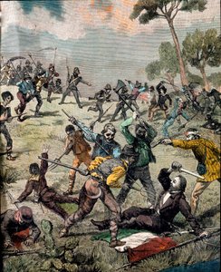 Risorgimento: "" den italienske revolusjonæren Carlo Pisacane (1818-1857) blir stormet av bønder i Sapri 28.06.1857"" Gravering Privat samling av Unknown artist