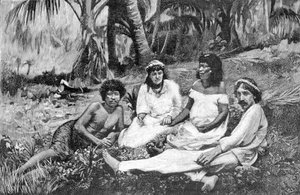 Robert Louis Stevenson (1850 - 1894) med sin kone i Samoa hvor han fikk sin residens publisert i Vailima. Gravering rundt 1890-1895. av Unknown artist