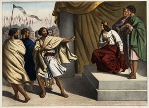 Roboam, den første kongen av Judas, utløste opprøret til de ti nordlige stammene. Anonym gravering fra midten av 1800-tallet. av Unknown artist