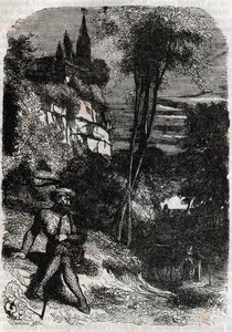 Rodomont, Isabella og den gamle eremitten - 1851 gravering fra "" Furious Roland"" (Orlando furioso) (1500-tallet) av Ludovico Ariosto, kjent som Ariosto - Edition oversatt fra italiensk av greven av Tressan og utgitt av Gustave Harvard 1851 av Unknown artist