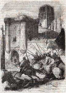 Rodomont bryter dørene til Palais i Paris - gravering av 1851 fra "" Roland furieux"" (Orlando furioso) (1500-tallet) av Ludovico Ariosto, kjent som Arioste - utgave oversatt fra italiensk av greven av Tressan og utgitt av Gustave Harv av Unknown artist