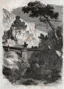 Rodomont beseiret av Bradamante - gravering av 1851 fra "" Furious Roland"" (Orlando furioso) (1500-tallet) av Ludovico Ariosto, kjent som Ariosto - Edition oversatt fra italiensk av greven av Tressan og utgitt av Gustave Harvard 1851 av Unknown artist