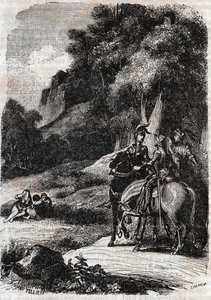 Roger (Ruggero, Ruggiero), Marphise (Marfisa) og de tre kvinnene - gravering fra 1851 fra "" Roland furieux"" (Orlando furioso) (1500-tallet) av Ludovico Ariosto, kalt Ariosto - Utgave oversatt fra italiensk av greven av Tressan og utgitt av av Unknown artist
