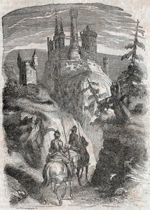 Roger (Ruggero, Ruggiero) og Richardet ser slottet i Aigremont - gravering fra 1851 fra "" Roland furieux"" (1500-tallet) av Ludovico Ariosto, kjent som Ariosta - utgave oversatt fra italiensk av greven av Tressan og publ. av Unknown artist