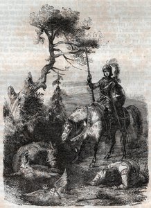 Roger (Ruggero, Ruggiero) bruker det fortryllende skjoldet - gravering av 1851 fra "" Furious Roland"" (Orlando furioso) (1500-tallet) av Ludovico Ariosto, kjent som Ariosta - utgave oversatt fra italiensk av greven av Tressan og publisert av av Unknown artist