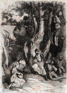 Roland and and the Seven Brigands of the Cave - engraving of 1851 from “” Furious Roland”” (Orlando furioso) (16th century) by Ludovico Ariosto, known as the Ariosta - Edition translated from Italian by the Count of Tressan and published by Gustave Harvard av Unknown artist