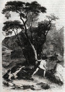 Roland forfølger Angelique (Angelica) - gravering av 1851 fra "" Furious Roland"" (Orlando furioso) (1500-tallet) av Ludovico Ariosto, kjent som Ariosto - utgave oversatt fra italiensk av greven av Tressan og utgitt av Gustave Harvard 1851 av Unknown artist