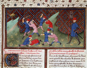 Roman av Ogier den danske: kampen med hånden og med miniatyrstokken hentet fra "" Chronicle of Bertrand du Guesclin"" (Ms 490) 1405 Musee Conde, Chantilly av Unknown artist