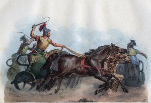 Romersk vognløp eller Biga-løp (Bige) - gravering fra "" skikker og tradisjoner til alle folkeslag i universet. Det vil si historien om regjeringen, lovene, militsen, om religionen til alle nasjoner fra de fjerneste tider til i dag "1856 av Unknown artist