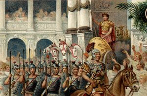 Romersk politisk system. Keiseren: Parade til ære for seirene til den romerske keiseren Augustus (Octavian eller Octavian) vant i Actium, Pannonia og Egypt. Kromolitografi fra slutten av 1800-tallet. av Unknown artist