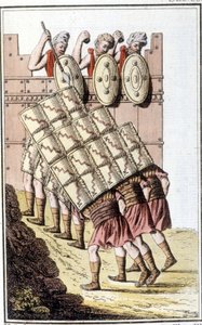 Romerske soldater (romersk legion) som manøvrerer og forsvarer seg med skjoldene sine. Gravering fra begynnelsen av 1800-tallet av Unknown artist