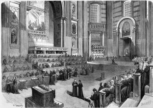 Roma 1869, første møte i det økumeniske rådet i 1869 holdt 9. desember i høyre del av tverrskipet til St. Peter-kirken. av Unknown artist
