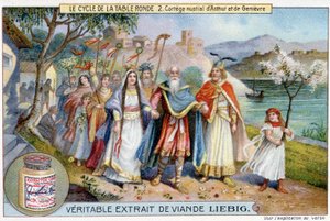 Rundebordssyklus (2): Brudeprosesjon av kong Arthur og Juniper, Liebig Chromolithography, sd. 1800-tallet av Unknown artist