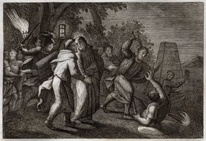 Royaumont Bibelen, Det nye testamente: Arrestering av Jesus Kristus eller Judas kyss. Soldatene kommer for å arrestere Kristus i Oljehagen. St. Peter kutter øret av en av dem. Illustrasjon fra 1811. av Unknown artist