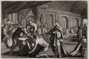 Royaumont Bibelen, Det nye testamente: Brudekjole. Lignelse om en konge som foretok bryllupet til sin sønn, hvorfra han avviste en mann som ikke hadde brudekjolen. Illustrasjon fra 1811. av Unknown artist