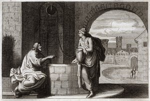 Royaumont Bibelen, Det nye testamente: Kristus og samaritanen ved brønnen. Jesus Kristus omvender en samaritansk kvinne. Illustrasjon fra 1811. av Unknown artist