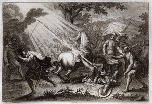Royaumont Bible, New Testament: Conversion of St. Paul on the way to Damascus. He hears the voice of Jesus Christ who says to him “” Willow, Willow, who persequeris me”” (Saul, Saul, why are you persecuting me?) and a horse fall. Illustration from 1811. av Unknown artist