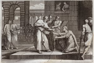 Royaumont Bible, New Testament: Cornelius baptizes. Crow the centurion receives the faith of Jesus Christ, and is baptized by St. Peter. Illustration from 1811. av Unknown artist