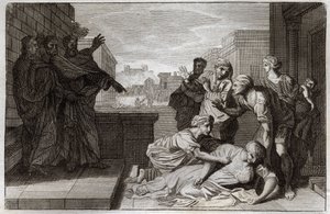 Royaumont Bible, New Testament: Death of Anania and his wife Saphire before St. Peter and St. John. Illustration from 1811. av Unknown artist