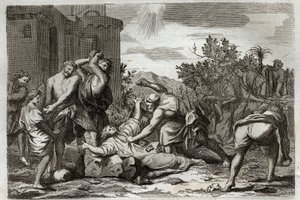 Royaumont Bibelen, Det nye testamente: St. Stephens død, første kristne martyr, ved steining. Illustrasjon fra 1811. av Unknown artist