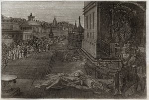 Royaumont Bible, New Testament: Death of the two Prophetes. The vision Saint John had of two dead Prophetes, who then resurrected. Seventh trumpet of Revelation. Illustration from 1811. av Unknown artist