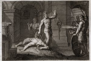 Royaumont Bible, New Testament: Decollation of Saint John the Baptist. One puts his head on a plateau. Illustration from 1811. av Unknown artist