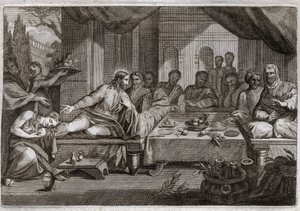 Royaumont Bibelen, Det nye testamente: Middag hos fariseeren Simon. Maria Magdalena gikk for å gråte ved Jesu Kristi føtter hos fariseeren Simon, og fikk tilgivelse for sine synder. Hun salver Kristi føtter med salve og tørker dem med håret. Il av Unknown artist