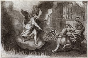 Royaumont Bibelen, Det nye testamente: Dragekjeder. Åpenbaringsdragen, symbolet på Djevelen, er lenket av en engel som holder nøkkelen til abime. Illustrasjon fra 1811. av Unknown artist