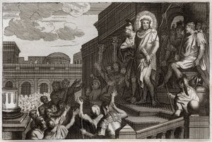 Royaumont Bibelen, Det nye testamente: Ecce homo. Pontius Pilatus (Pontius Pilatus) presenterer Jesus Kristus med torner for mengden og sier: "Her er mannen". Illustrasjon fra 1811. av Unknown artist