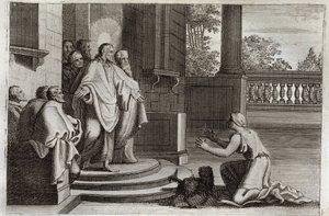 Royaumont Bibelen, Det nye testamente: Jesus Kristus og Kanaans hustru (Kanan eller den fremmede kvinnen). En bonde ber Herren om hjelp til å helbrede datteren hennes. Kristus svarte ham: "Jeg ble bare sendt til de tapte sauene av Israels hus." Illustrasjo av Unknown artist