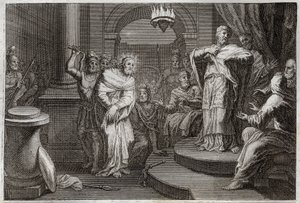 Royaumont Bibelen, Det nye testamente: Jesus Kristus før Caiphus og Anan (Hanan eller Anne eller Hanne). Illustrasjon fra 1811. av Unknown artist